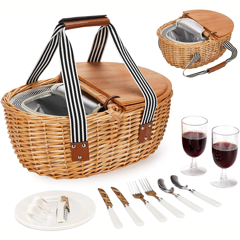 Cestas de picnic de sauce Amazon nuevo grupo doble al aire libre cubierta de madera de caña tejida cesta de almacenamiento tejida cesta de almacenamiento mayorista