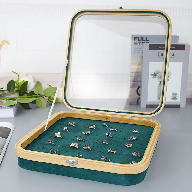 Wood and Bamboo Hundred-Position Ring Box Dustproof Jewelry Box Counter Display Earring and Ring Tray with Lid Accessory Display Stand
