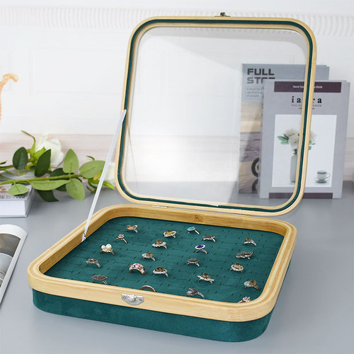 Wood and Bamboo Hundred-Position Ring Box Dustproof Jewelry Box Counter Display Earring and Ring Tray with Lid Accessory Display Stand