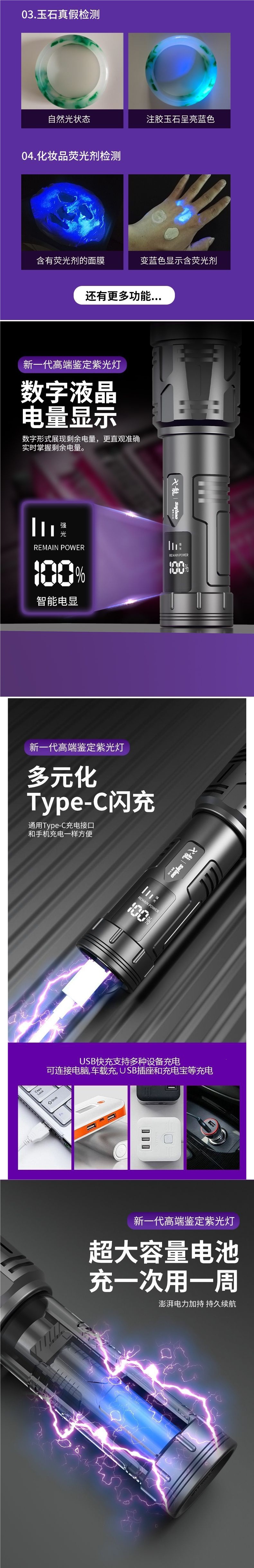Uv Flashlight for Identification, 365Nm Ultraviolet Light for Detecting Jade, Gemstones, Banknotes, Tobacco, and Alcohol, Anti-Counterfeiting Lamp