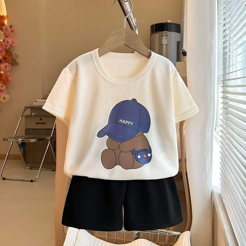 Children's Summer Two-Piece Set, Unisex Korean Style, Breathable T‑Shirt & Shorts with Baseball Hat, Sizes 80–120