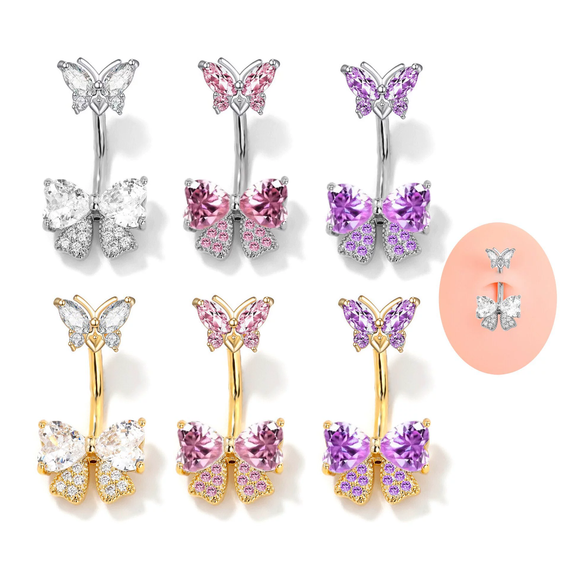 Европейские и американские трансграничные горячие продажи циркон бабочки пупок кольцо пупка пирсинг пирсинг ювелирные изделия