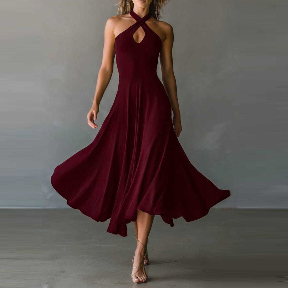 Women's Clothing Women's Retro Elegant Black Long Dress Keyhole Backless Halter Neck A Line For Formal & Casual For Women_ecoleips.com