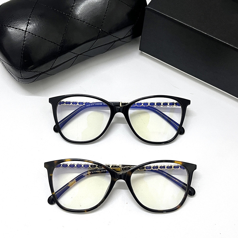 2022 Chanel-Style Eyeglass Frames with Chain Temple, Prescription Lenses, Blue Light Blocking, Large Frame, Water-Gloss Butterfly Frame