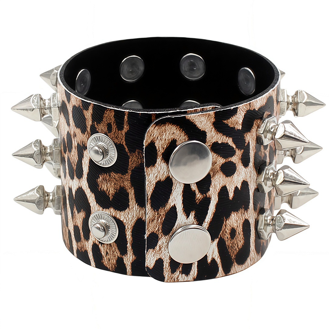 Eco-Friendly Pu Leather European and American Harajuku Punk Style Fashion Exaggerated Bracelet with Tapered Spike Rivets Three-Row Bracelet Jewelry