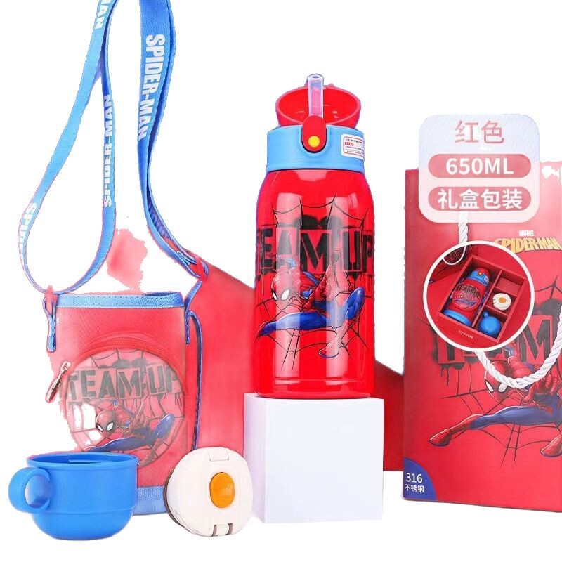 正規版スパイダーマン児童保温カップ316ステンレス食品級ストローカップ付きコップ小学生水筒|undefined