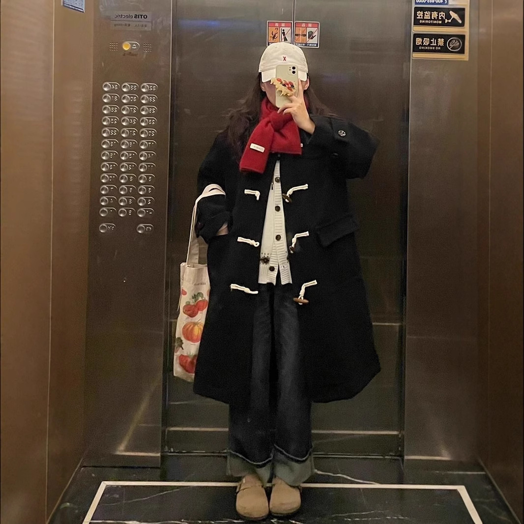 【现货高质量+内衬】夹棉呢子大衣女连帽牛角扣中长款秋冬毛呢外