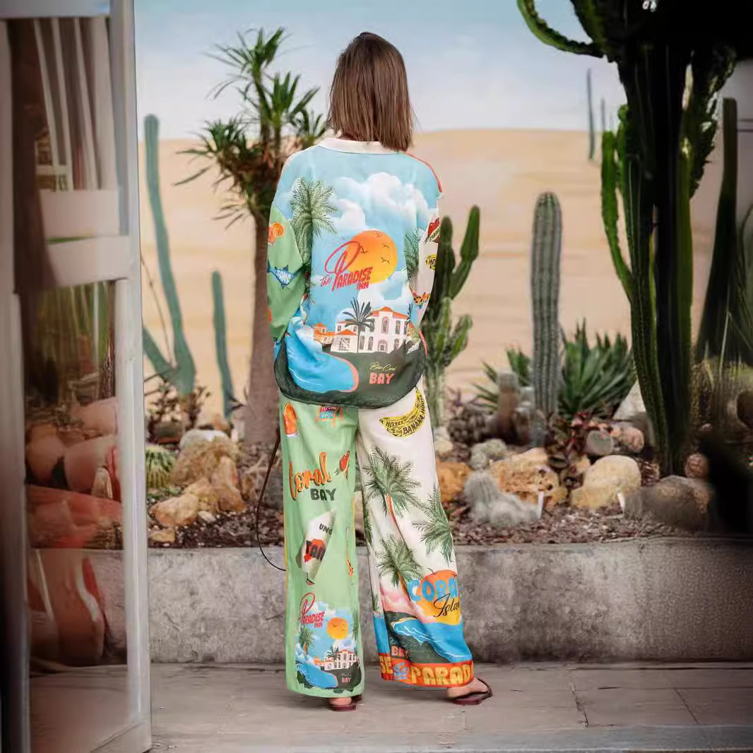 Loose Fit Type Color Block, Coconut Tree Pattern Holiday Beach Women's Hawaiian Vacation Color Block Coconut Tree Linen Polyester Printing Pant Co-ord Set Pants Sets