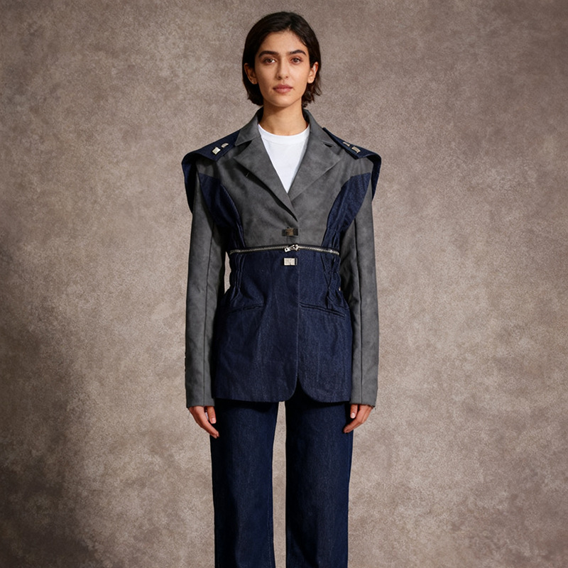 Fashionable and Unique Blazer 2026 Summer New Style Navy Collar Long-Sleeve Shawl Patchwork Design Denim Jacket for Women