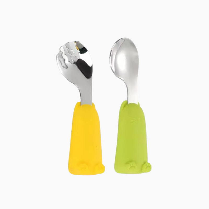 304 cat elbow fork and spoon set-yellow + green