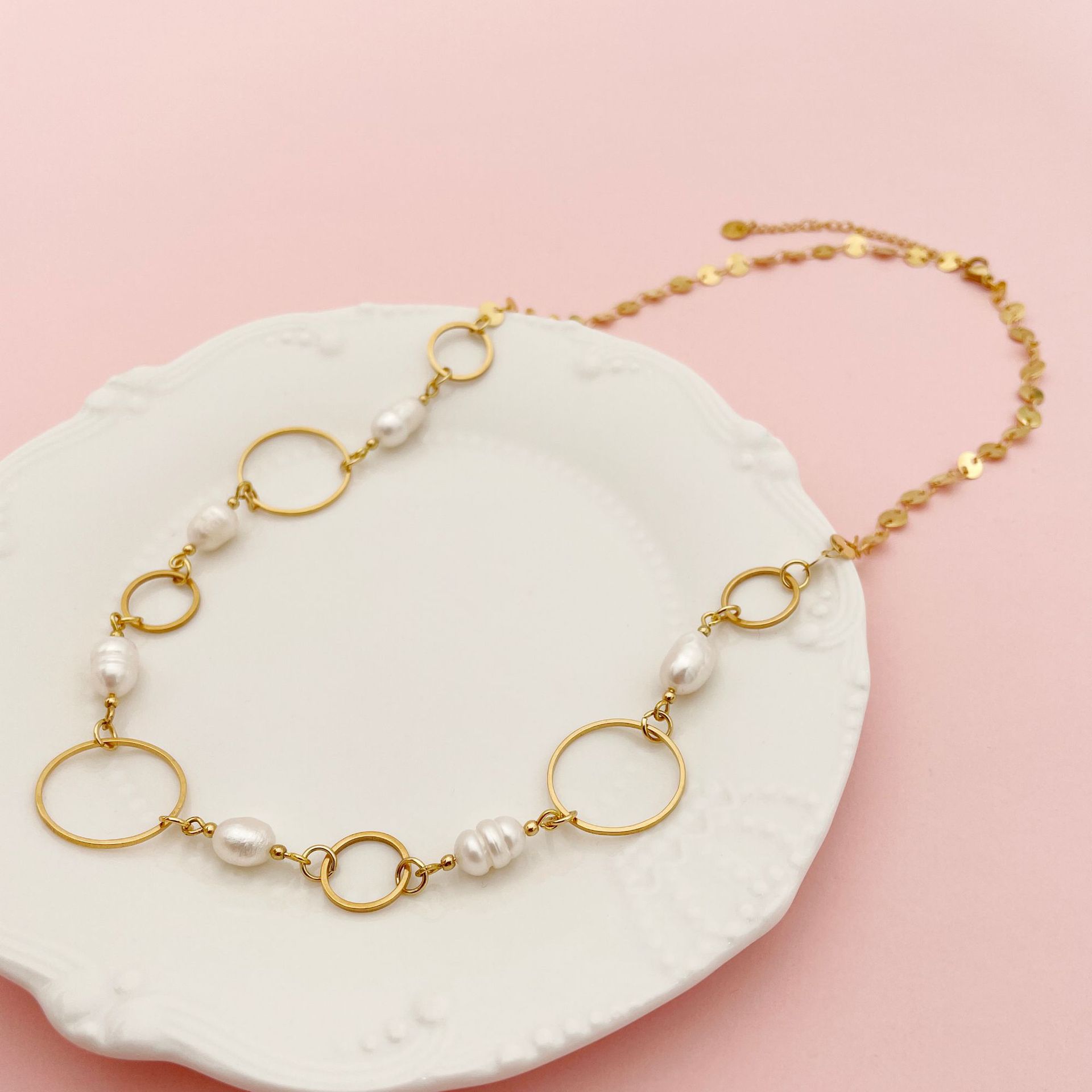 Necklace Classification 304 Stainless Steel Chain Material Wholesale Jewelry Bohemian Printing 304 Stainless Steel Pearl 14K Gold Plated Pearl Plating Stainless Steel Necklaces