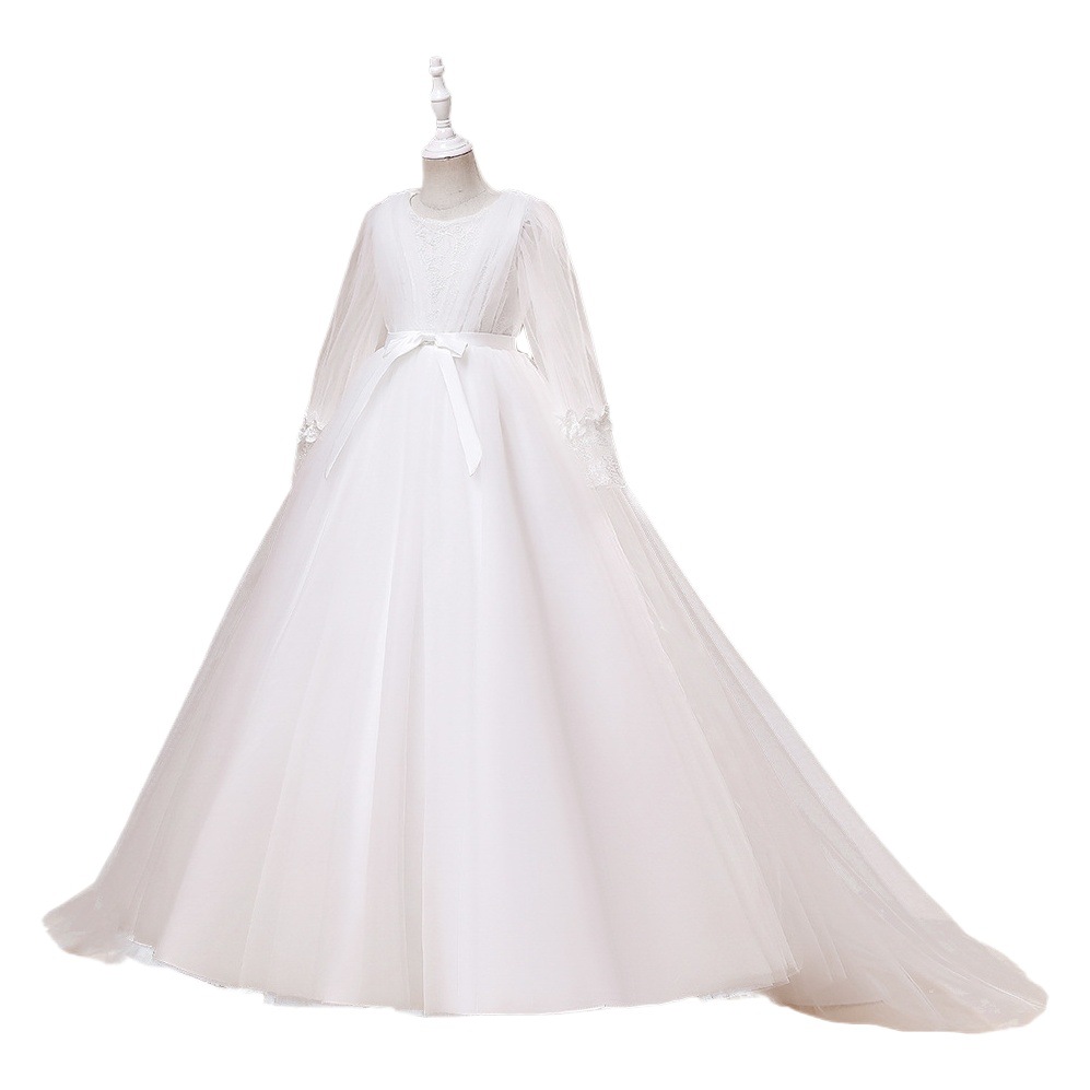 Transfronterizo nuevo medio y grande vestido de los niños princesa vestido de cumpleaños Banquete de encaje de manga larga arco de malla mullida vestido de cola