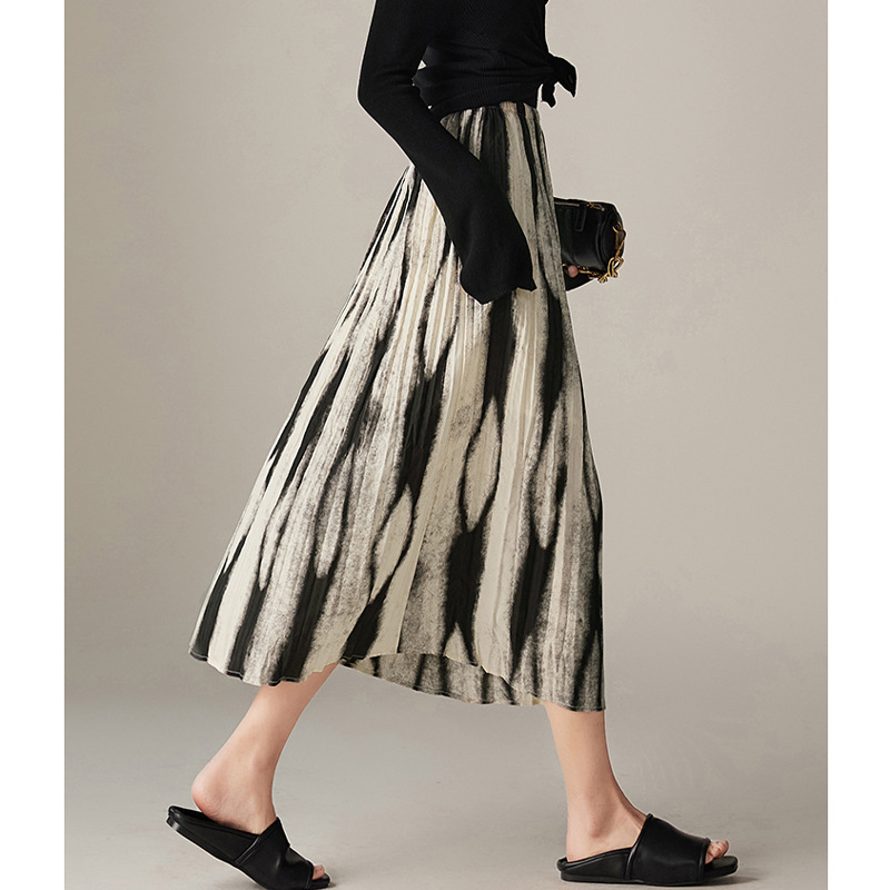 2024 Spring New Fashionable High Waist Slimming Miyake Pleated Print A- Line Skirt Women's Loose Waist