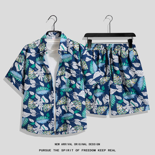 Hawaiian Style Shirt Men's Ins Summer Loose Short-sleeved Shorts suit Trendy Handsome Beach Floral Lovers Clothes