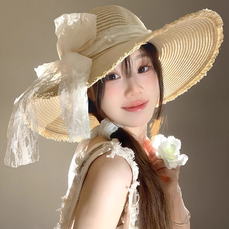 Summer French Pearl Lace Lace Straw Hat Women's Large Brim Seaside Vacation Bow Sun Protection Sun Hat Wholesale