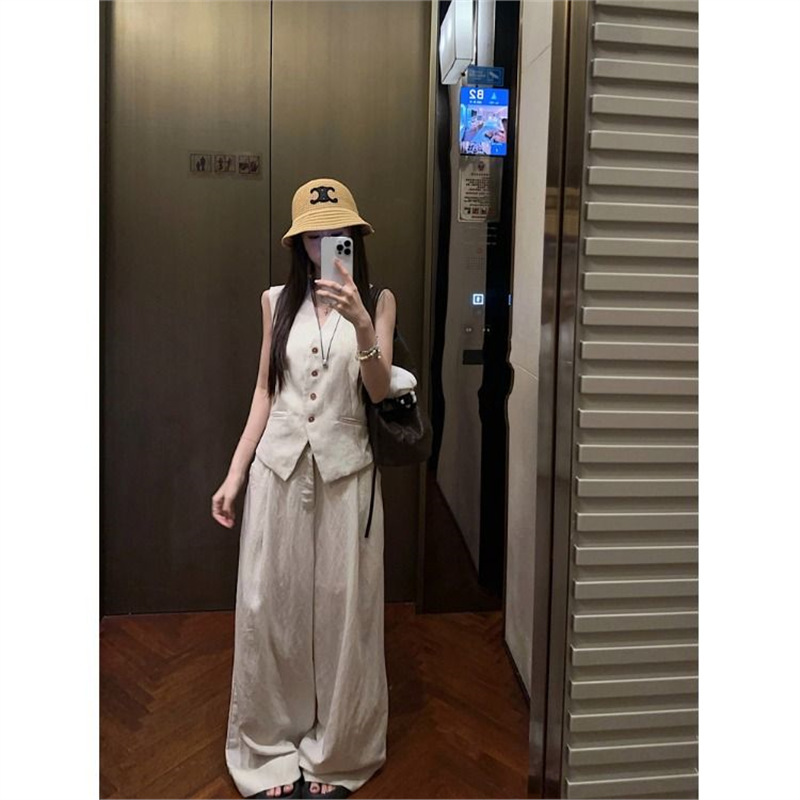 ファッションスーツシングルブレストベストベストトップ女性の夏のハイウエストカジュアルパンツワイドレッグパンツハイエンドツーピースセット|undefined
