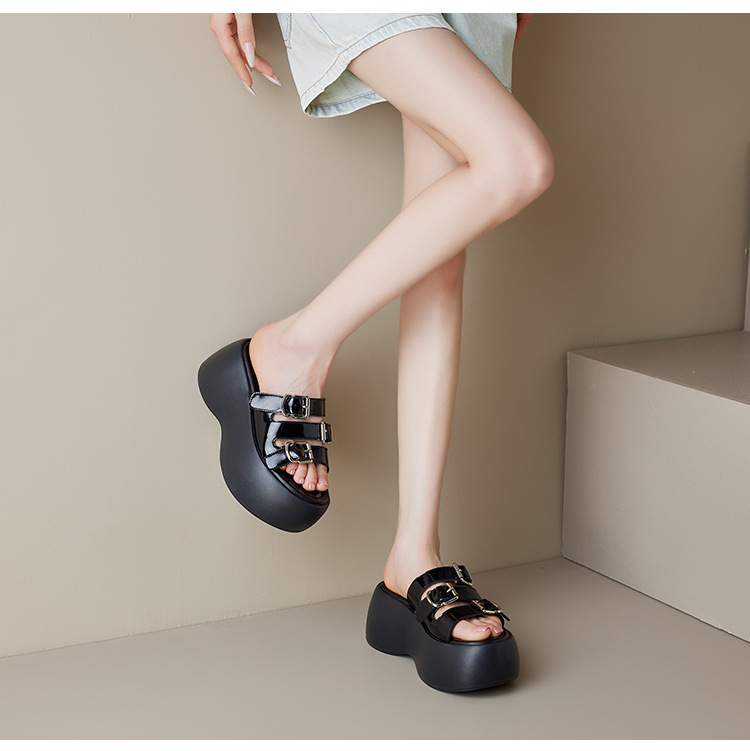 Dép sandal nữ quai chữ V đế dày 8cm, khóa thắt lưng, phong cách thời trang đi biển mùa hè — Màu đen, Màu trắng chi tiết 5