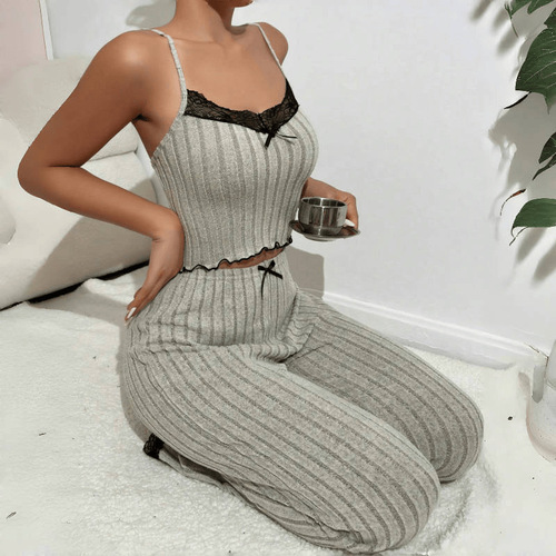 Hot-selling European and American style home wear, ribbed heart-shaped camisole pajamas for women, with long pants, two-piece set.