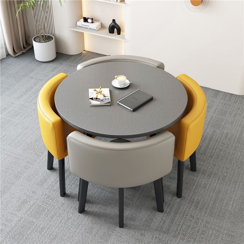 [Factory] 80 gray round table 2 yellow 2 light gray leather chairs