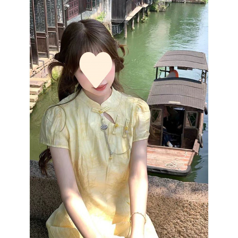 国风新中式改良大摆旗袍式连衣裙2025夏季新款收腰显瘦通勤清新