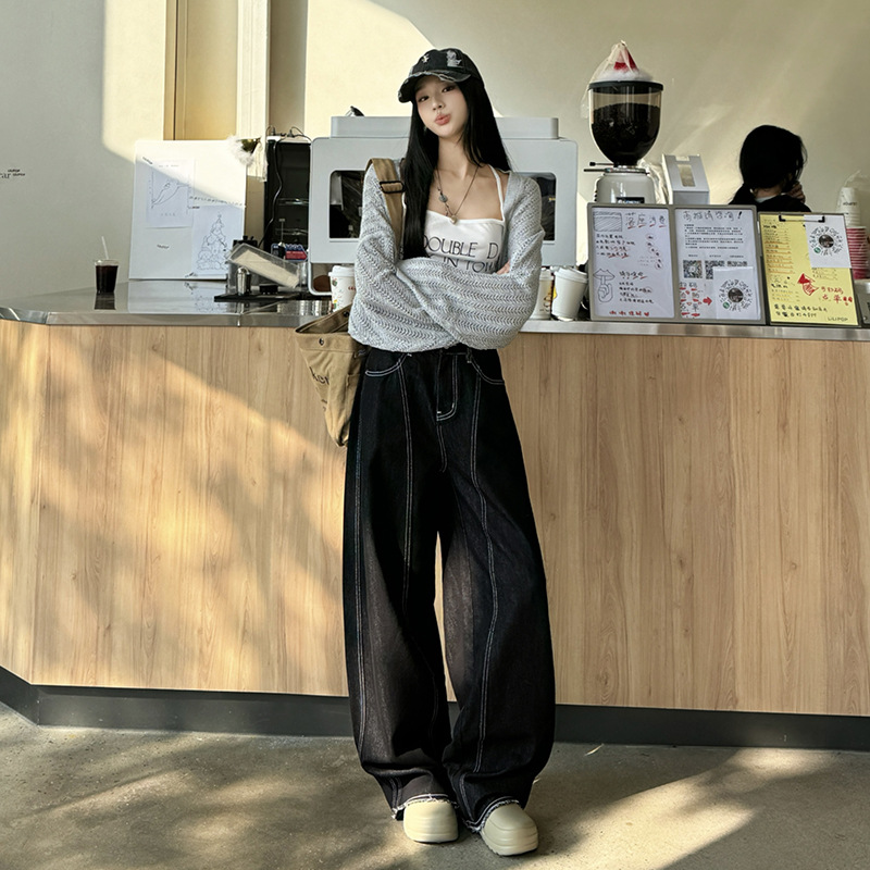 American retro black sickle jeans for women in spring and autumn new high-waist design loose wide-leg pants