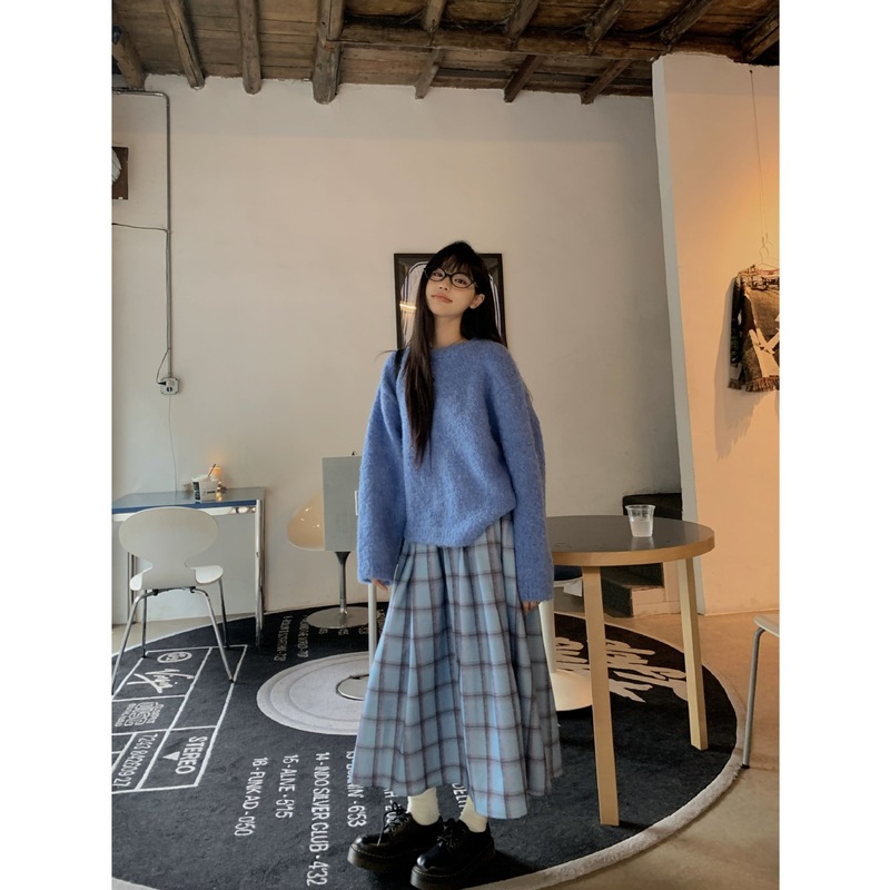 韩系百搭甜美纯色圆领长袖毛针织衫春秋新款格纹毛呢半身裙套装女|undefined