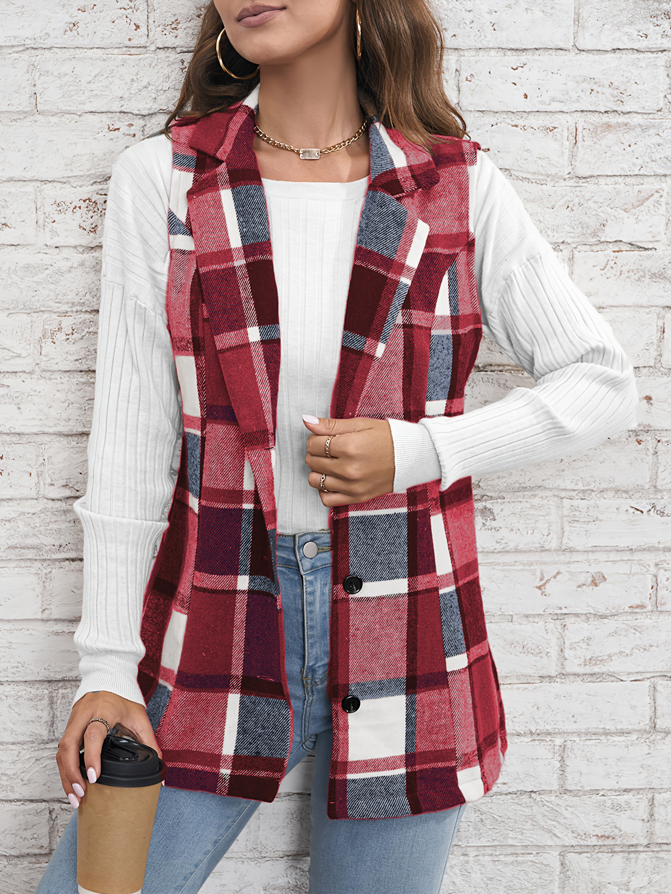 Fashion women‘s lapel suit vest plaid jacket