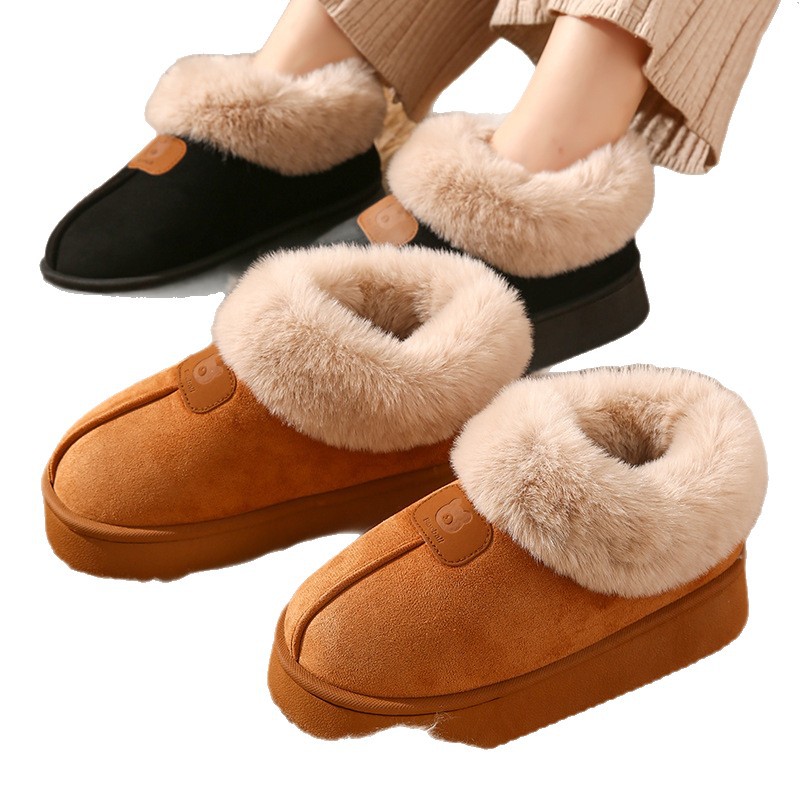 Zapatos de algodón de raíz sin impuestos para mujeres de otoño y invierno estilo coreano de alto rendimiento de peluche cálido en el hogar zapatillas gruesas para proteger a los ancianos