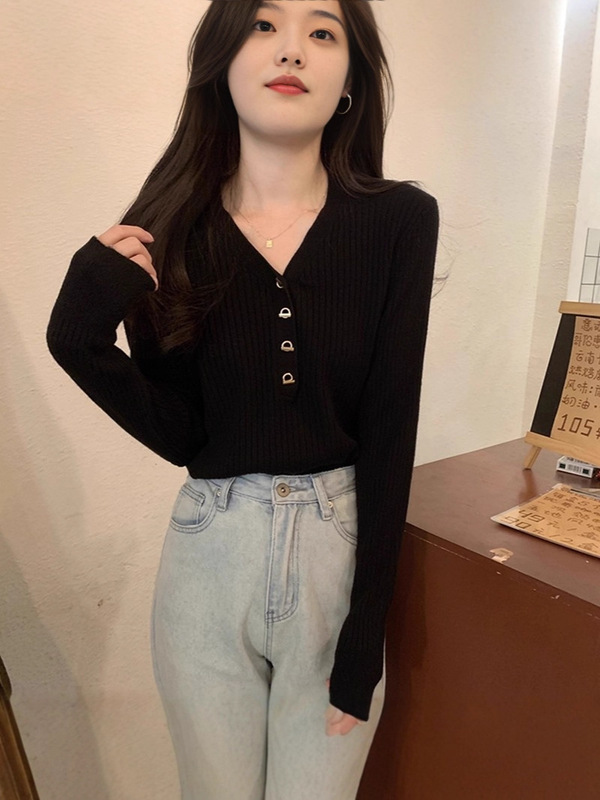 法式V领小香风针织衫女内搭2025春秋新款小众毛衣长袖打底衫上衣|undefined