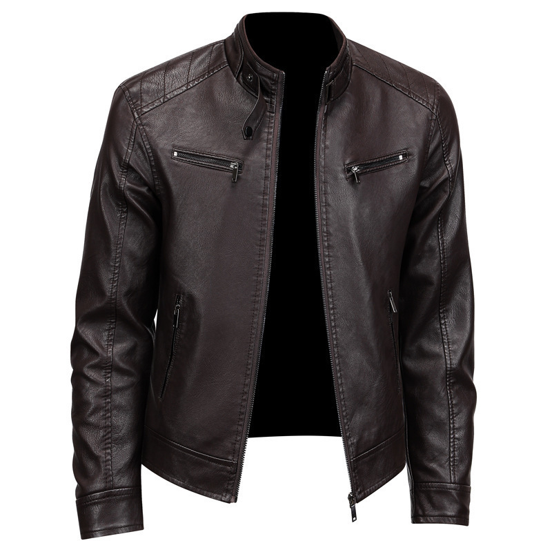 Cross-Border Motorcycle Leather Jacket for Men, American-Style Stand Collar, Trendy and Stylish, British Style, New Korean Version, Casual Pu Leather Jacket