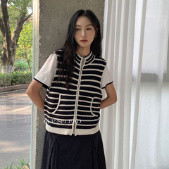 6UP秋韩系羊毛撞色毛衣女背心马甲广州十三行新款拉链针织衫50280
