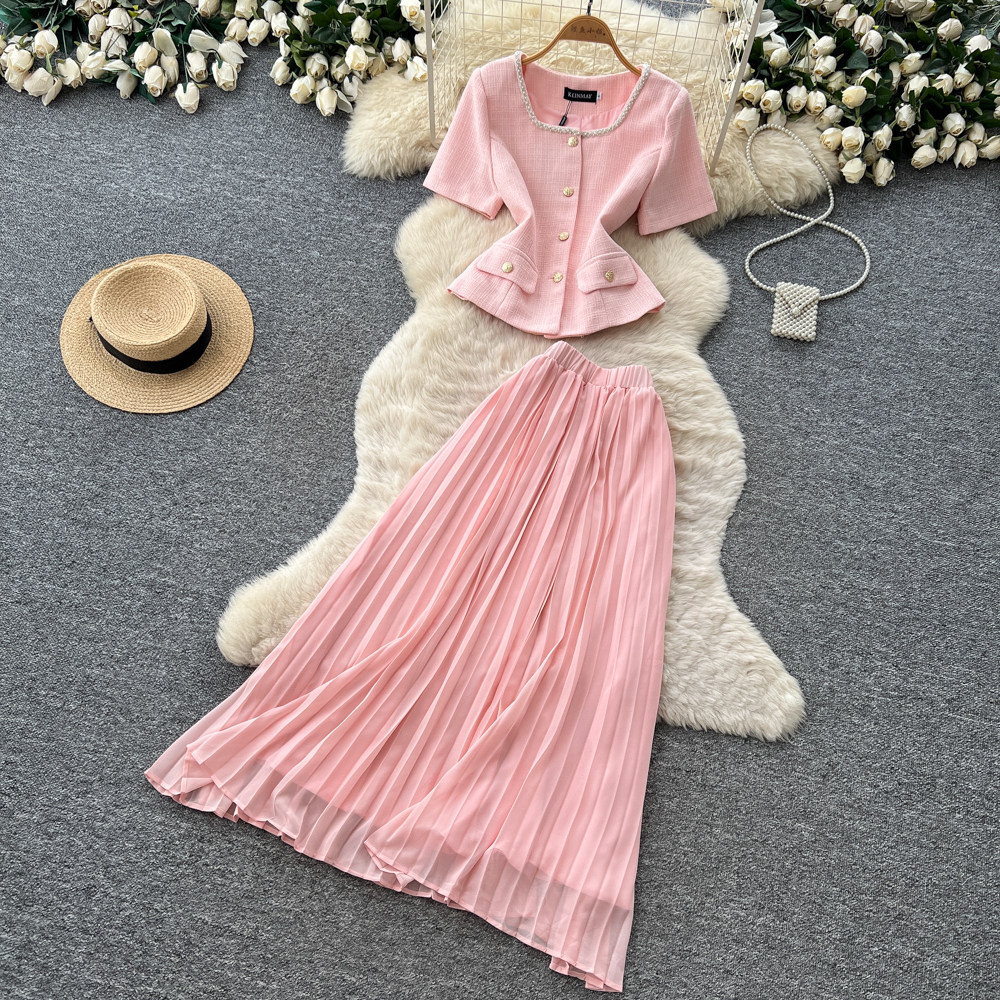 Inspired Women's Pink Two Piece Set Summer Short Sleeve High Waisted Pleated Skirt Sophisticated And Elegant_ecoleips.com