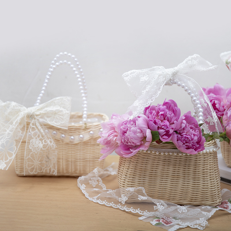 七夕手工竹编花篮鲜花束篮珍珠花篮水果篮手提花篮礼品篮送礼竹篮