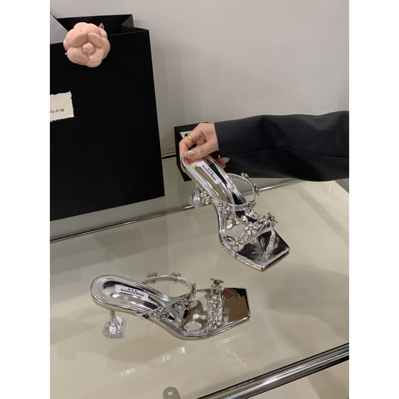 Fairy Style Beautiful Square Toe Plum Blossom Rhinestone Sandals for Women Summer Bling Transparent Crystal Heel High Heel Sandals Half Sandals