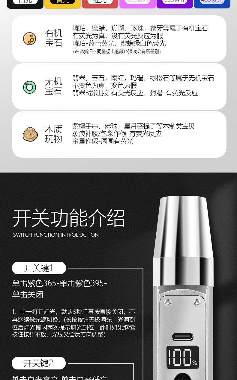 Six-Light Source Cross-Border Popular Flashlight for Jade Identification, Multifunctional Cultural and Entertainment Identification Led Purple Light Flashlight
