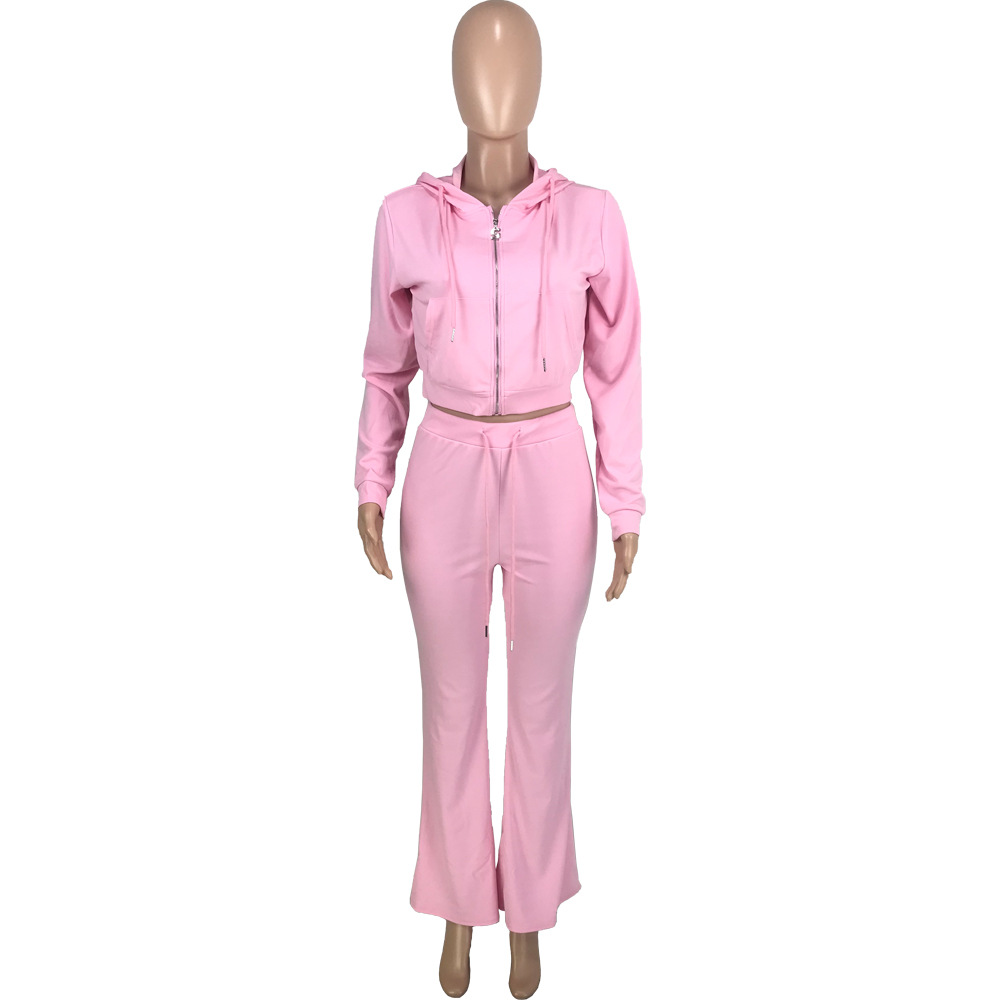 Vêtements pour femmes mode féminine couleur unie poche fermeture éclair capuche cravate veste décontractée pantalon évasé costume deux pièces_voghion.com