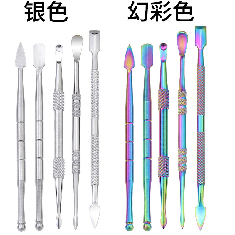 En stock al por mayor selección de uñas de acero inoxidable color mágico removedor de uñas empuje de acero de doble cabeza cigarrillo crema cuchara removedor de uñas herramienta