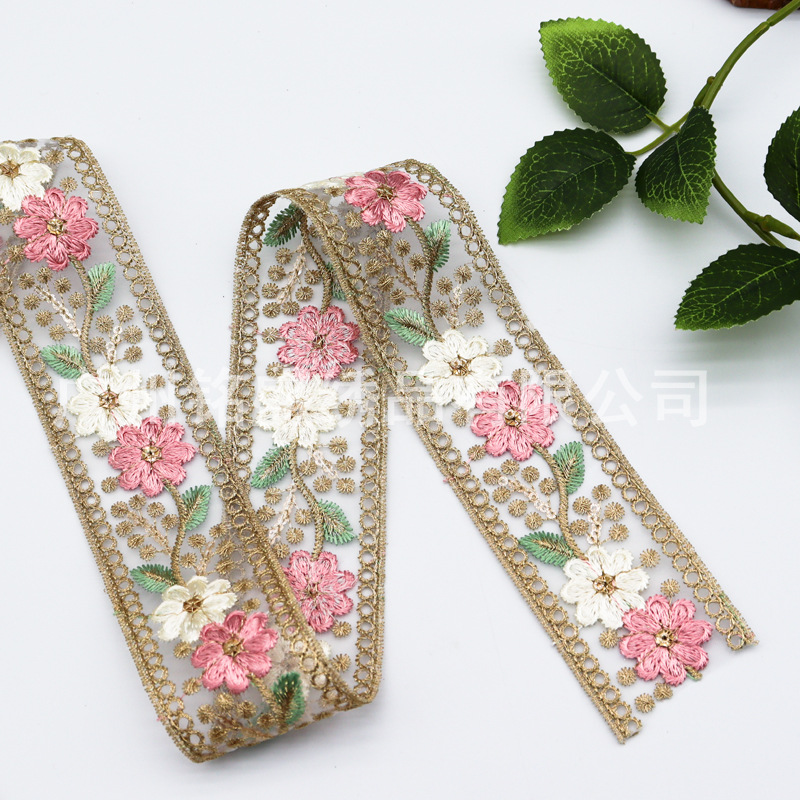 Accesorios Hanfu de encaje bordado de organza de 4,5 CM, estilo étnico, bordado por computadora, lentejuelas, cuello, accesorios de equipaje