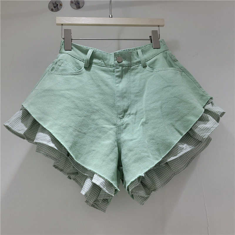 Shorts de Mezclilla con Encaje de Cuadros y Cintura Alta Corte Holgado para Verano