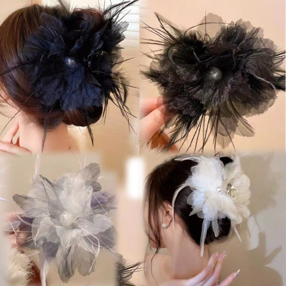 Temperament Advanced Feeling Fairy Pearl Feather Large Grab Clip Women's Head Hair Shark Clip All-match Mao Mao Hair Clip