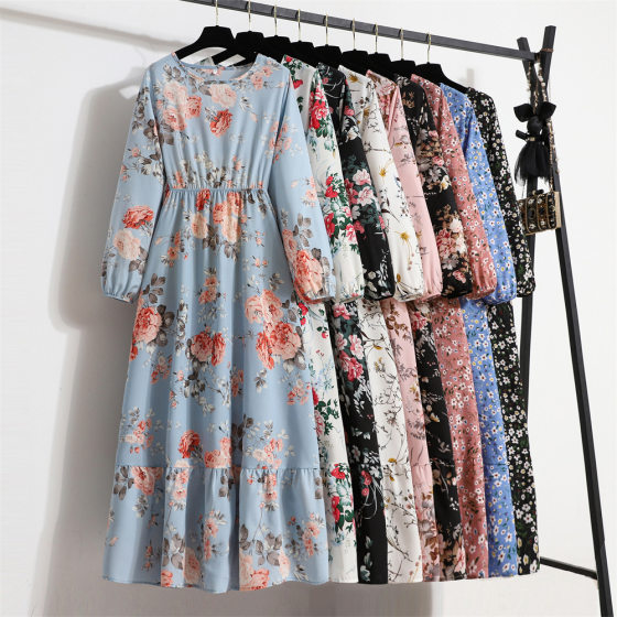 Cross-border Women's Tea Break Dress Chiffon Floral Long-sleeved Dress Spring and Autumn Women's Elegant Waisted Slimming Dress Fairy