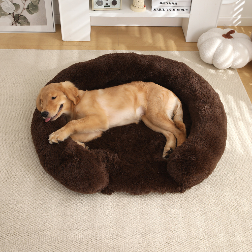 Nuevos productos perros nido gato nido cojín de peluche largo redondo mascota cama de perro cama de invierno cálida cama de mascota perros nido