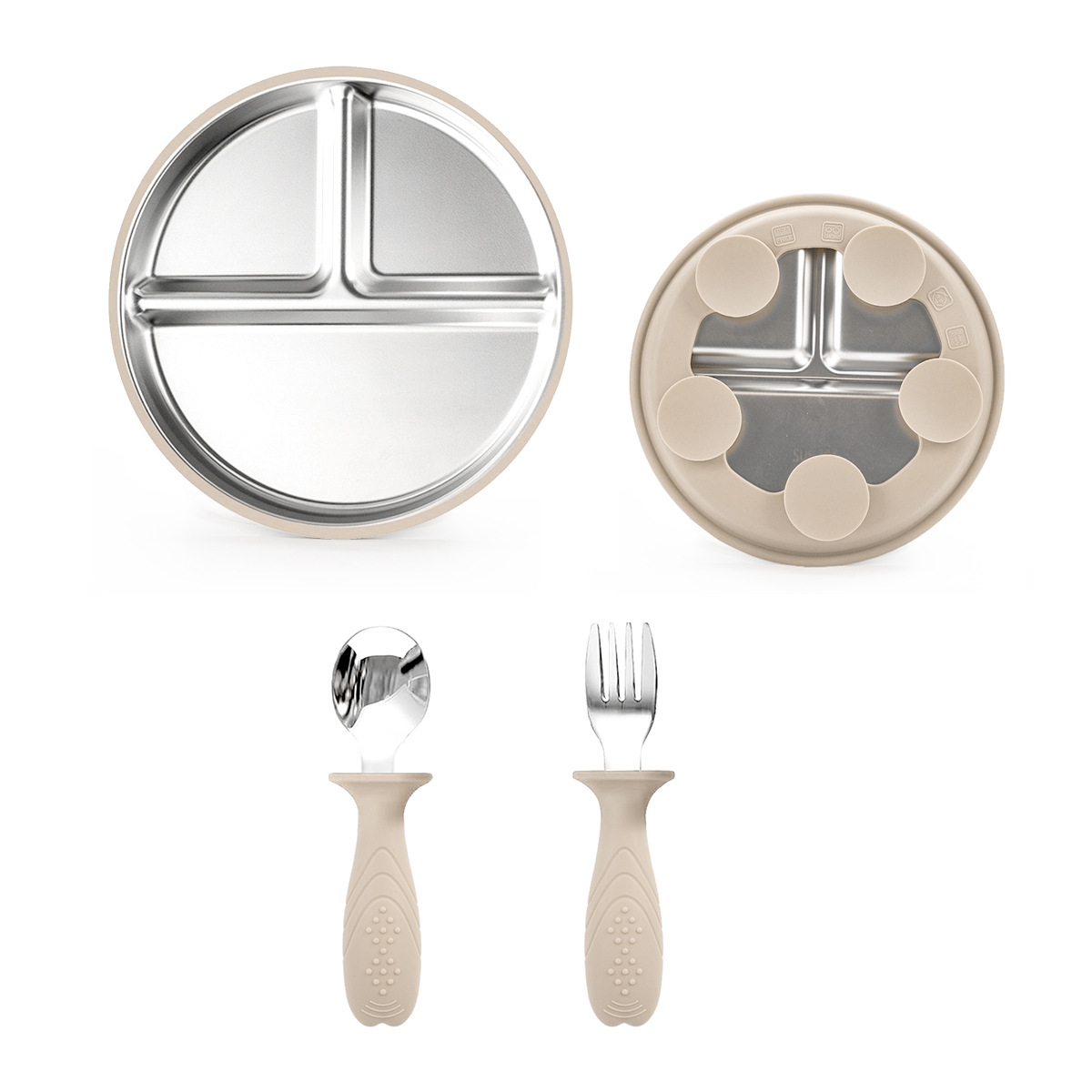 Plato de comedor de silicona de acero inoxidable 304, juego de tazón de arroz con aislamiento térmico para niños de grado alimenticio, cuchara de tenedor, tazón de sopa grueso, anti-caída y anti-escaldado