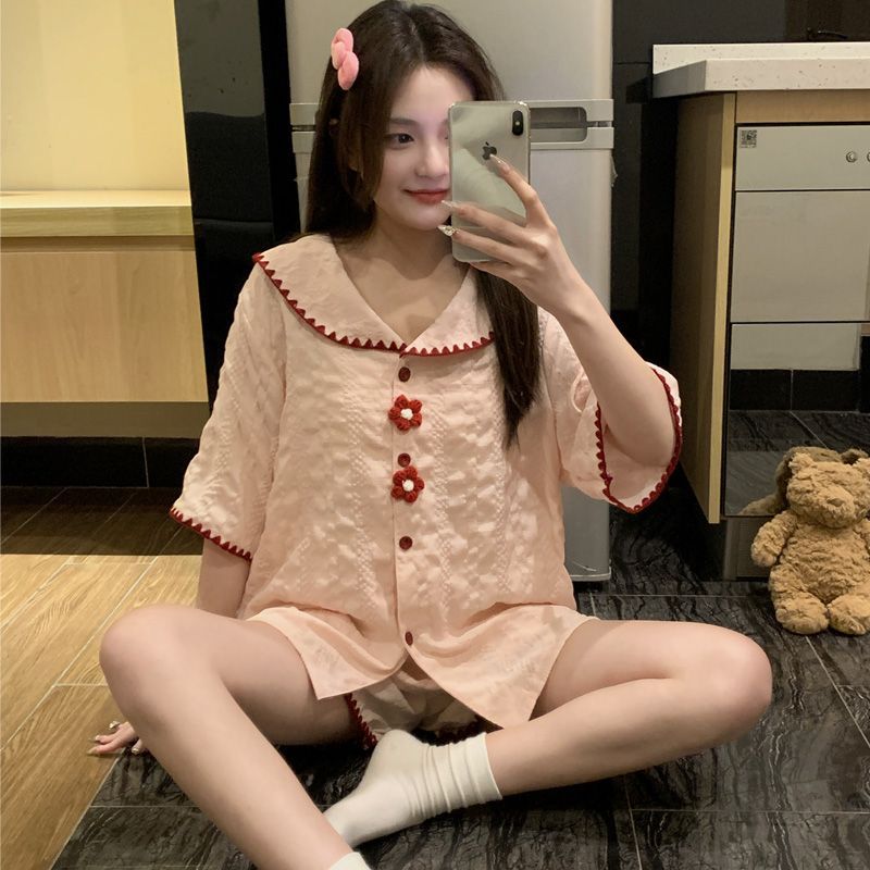 Nuevo pijama de verano transfronterizo de mujer trenzado nubes cardigan princesa dulce encantador conjunto de ropa para el hogar