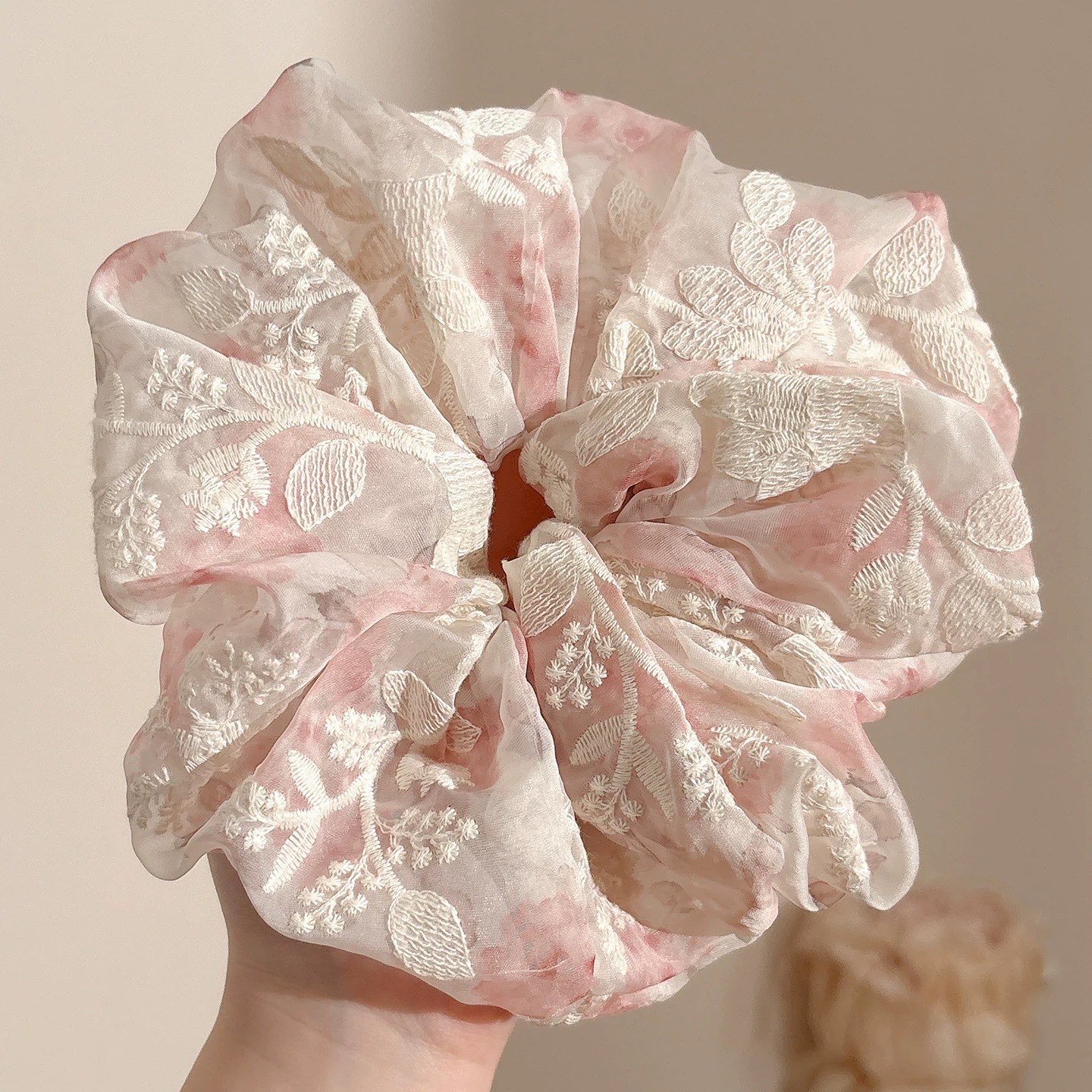 38# korean style sweet pink and white gradient mesh embroidery about 16cm
