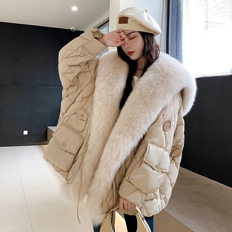 欧美2025年冬季新款大仿狐狸毛领羽绒棉服女皮草外套女保暖中长款|undefined