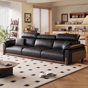 Retro Style Multifunctional Sofa Bed Dual-Purpose Living Room Adjustable Headrest Electric Retractable Black First-Layer Cowhide Sofa