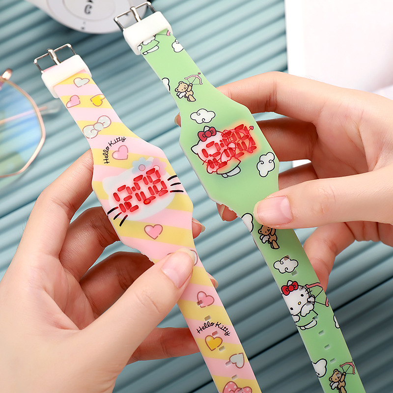 Kt Cat Digital Watch Color Printing Touch Cartoon Student Kidsren's Watch Silicone Multi-Function Led Digital Watch