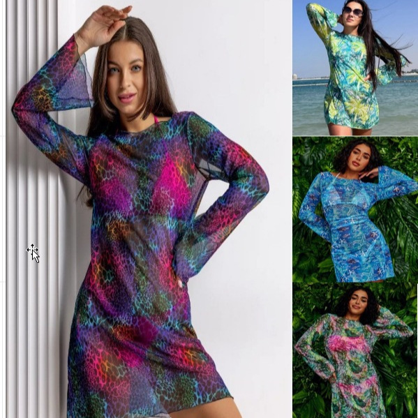 2026 Women's Printed Hooded Shirt Beach Cover-Up Mesh Lace Dress Mesh Skirt Loose-Fit Vacation Dress