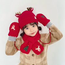 圣诞鹿儿童三件套帽子围巾手套针织套装本惠冬季保暖套装儿童帽子